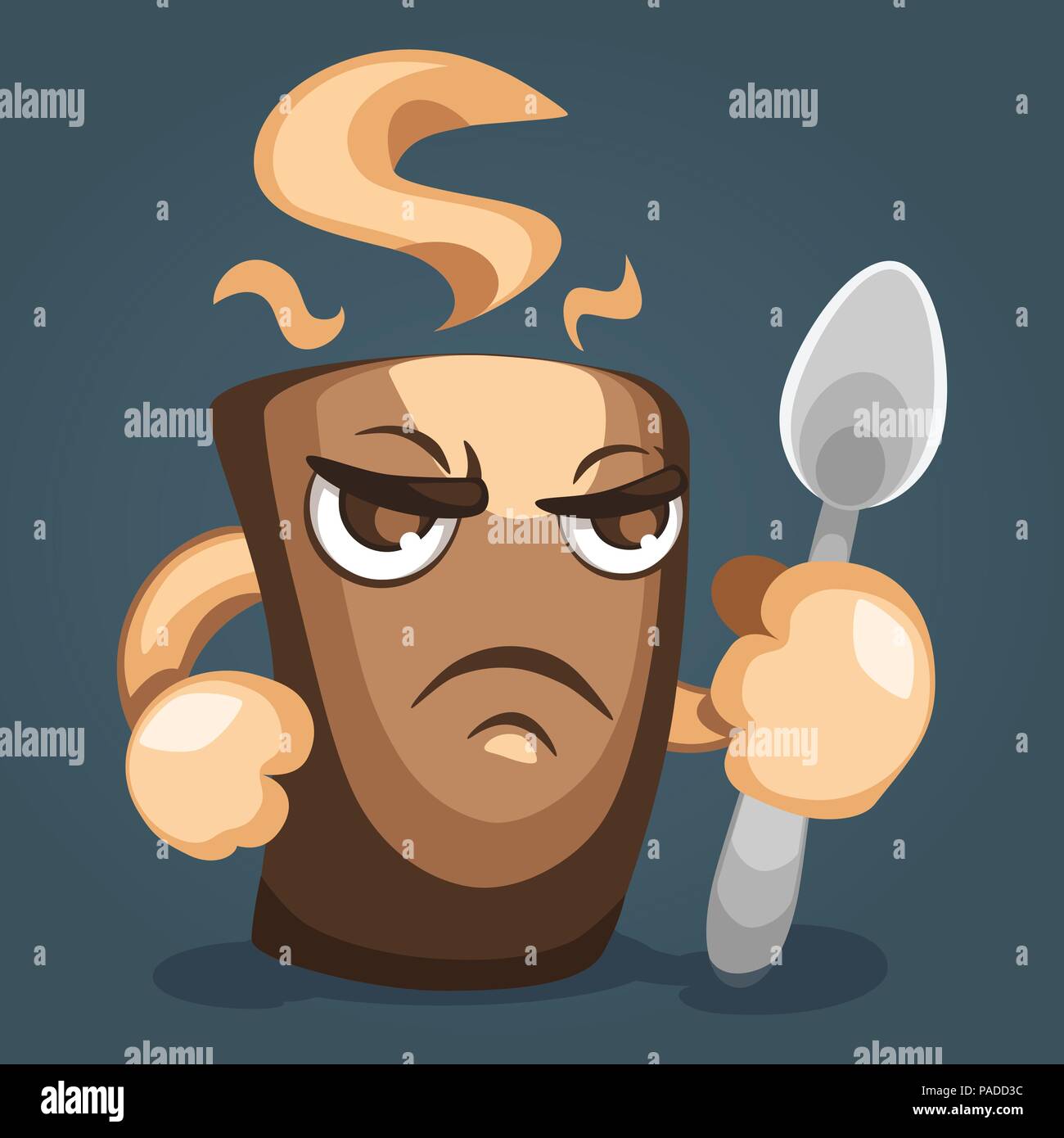 Abbildung einer furchterregenden Kaffeebecher mit Faust und Löffel in der Hand, von der Seite. Cartoon Character Design Stock Vektor