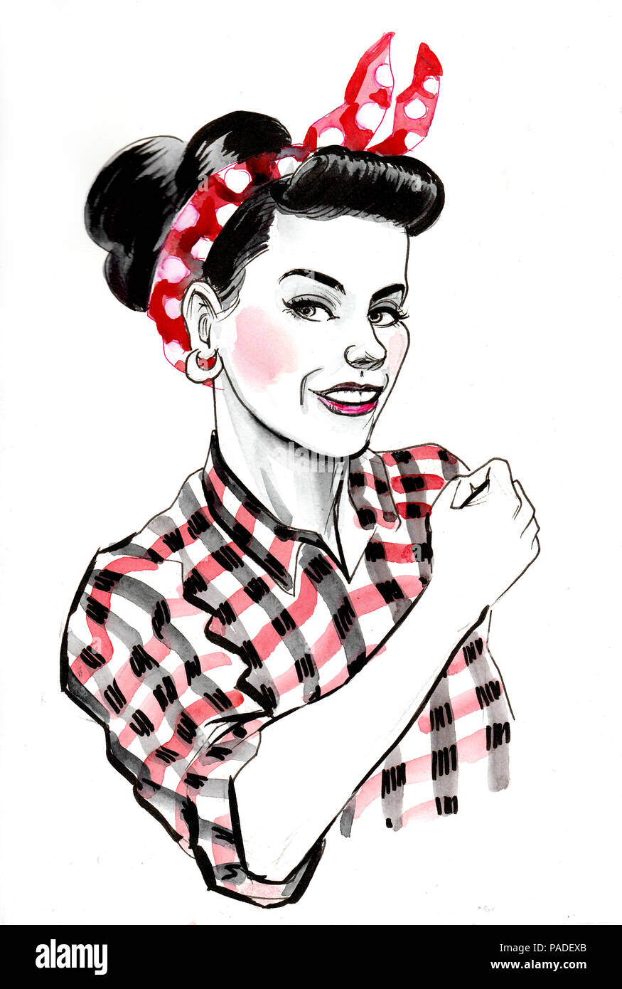 Starke Pin up Stil Frau flexing Biceps. Tusche und Aquarell Starke Pin up Stil Frau flexing Biceps. Tusche und Aquarell