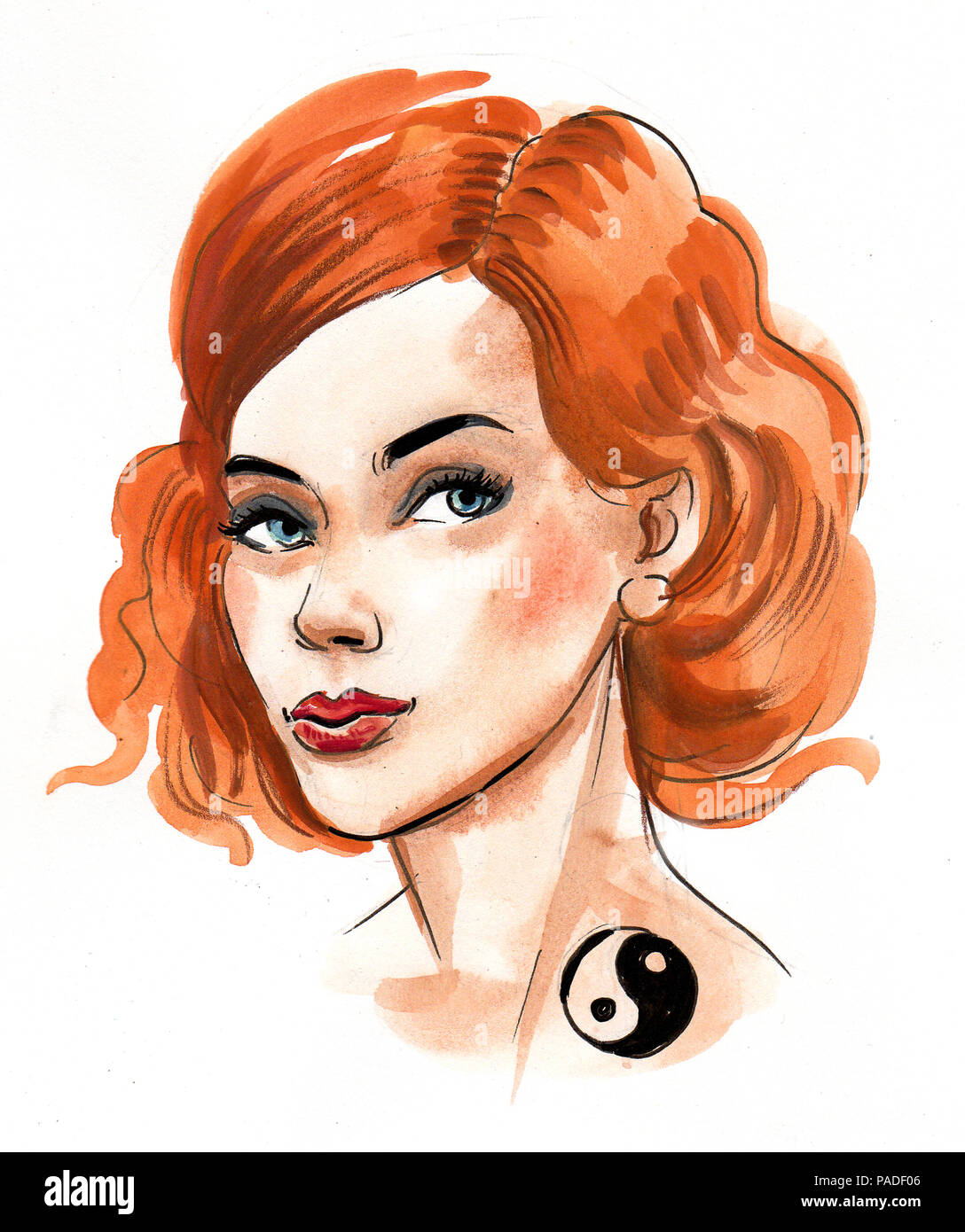 Schöne Frau mit einem yin und yang Tattoo. Tusche und Aquarell Abbildung Stockfoto
