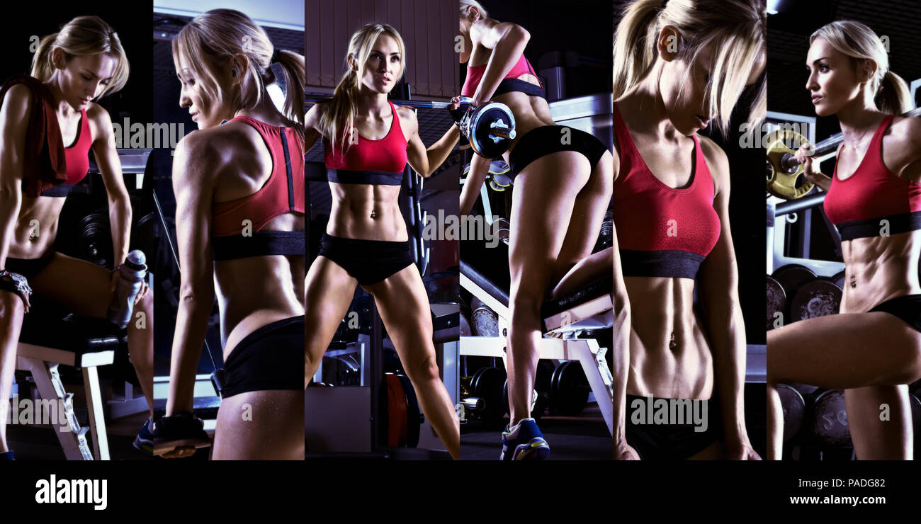 Bodybuilding, führen Trainings drücken Sie mit Gewicht, in der Turnhalle, Collage, Foto, blau, violett Ton Stockfoto