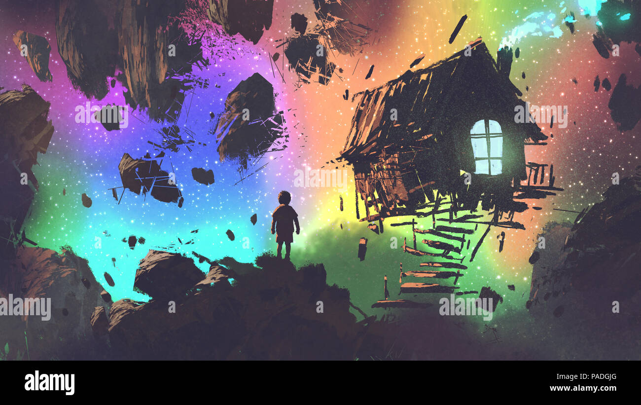 Nacht Landschaft der Jungen und ein Haus in einem fremden Ort, digital art Stil, Illustration Malerei Stockfoto