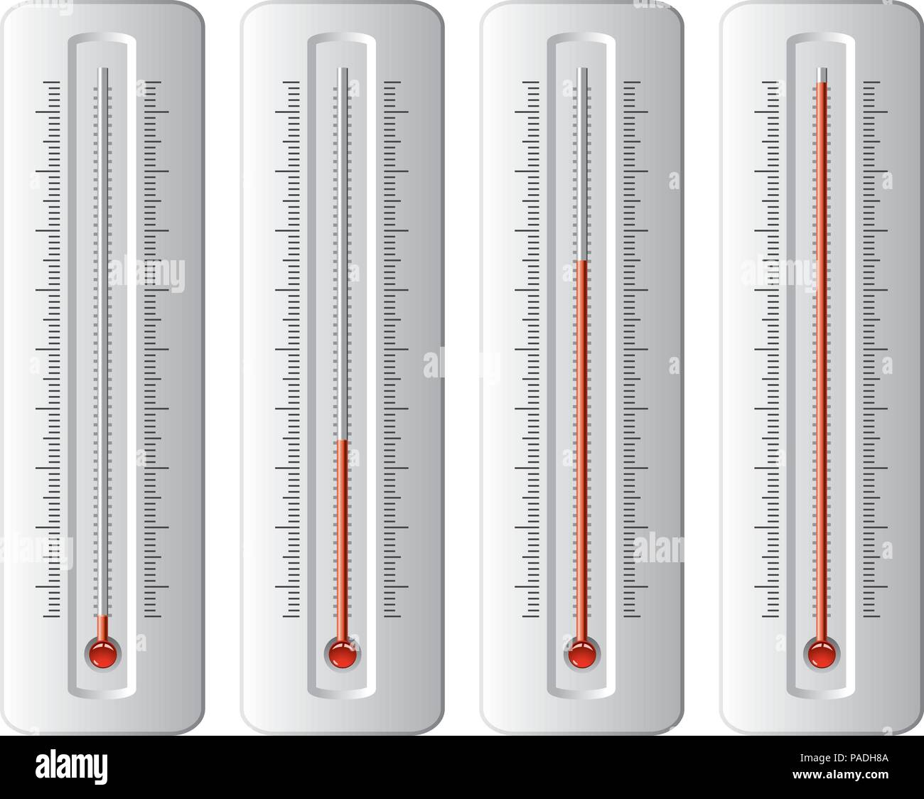 Vektor einrichten von Thermometern auf unterschiedlichen Ebenen mit Grad. keine Zahlen, rote Lampe Temperatur Messgerät Stock Vektor