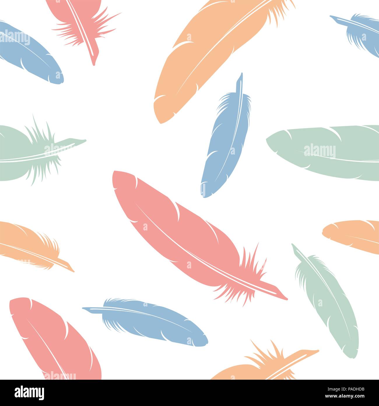 Vektor nahtlose Muster der fliegenden Vogel Federn, bunte Hand gezeichnet feather Symbole auf weißem Hintergrund Stock Vektor