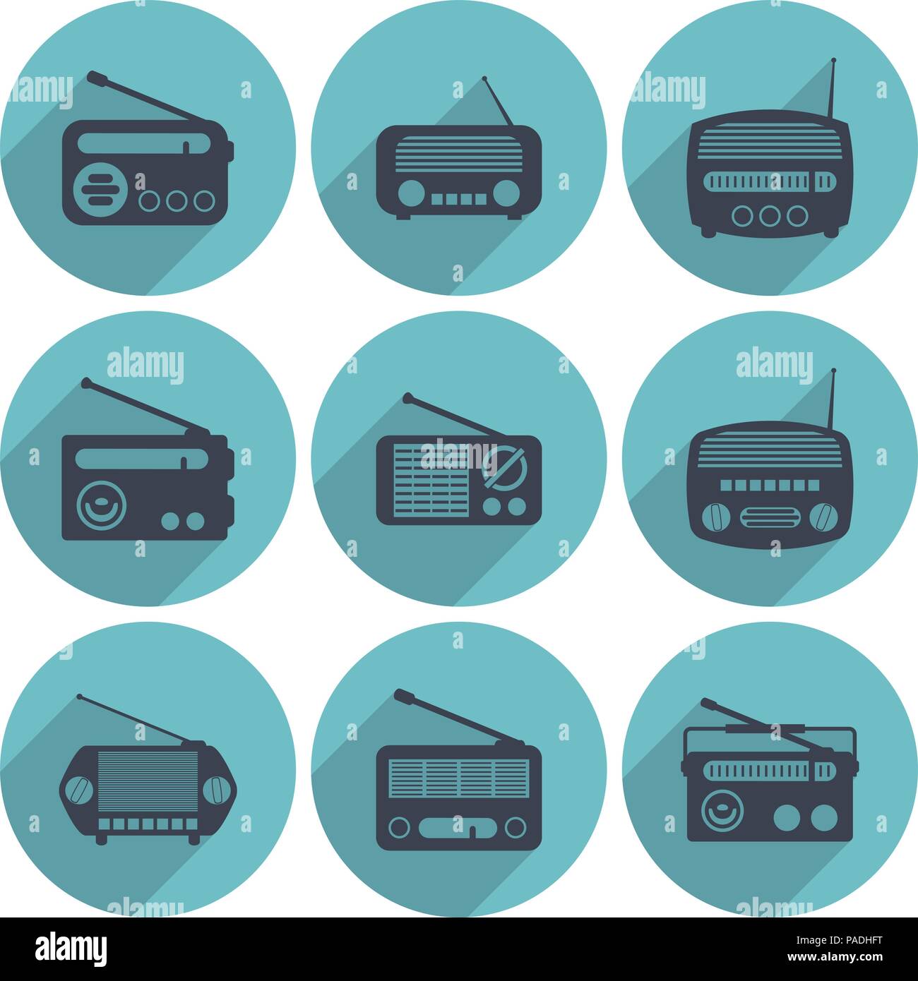 Vektor einrichten von Radio Icons, flacher Stil. Retro Design, auf weißem Hintergrund Stock Vektor