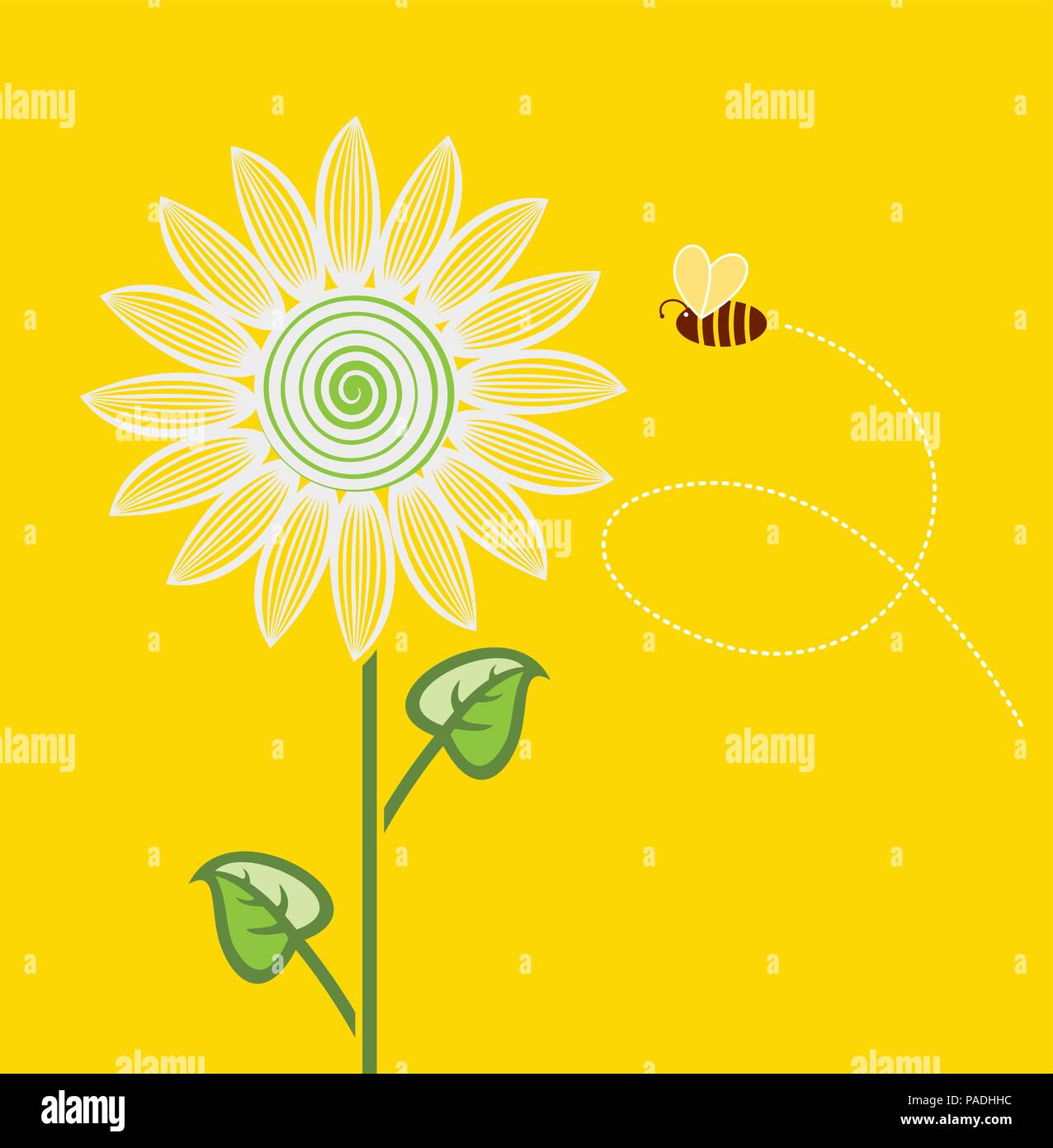 Vektor sonnenblume Cartoon mit Flying bee auf gelbem Hintergrund Stock Vektor