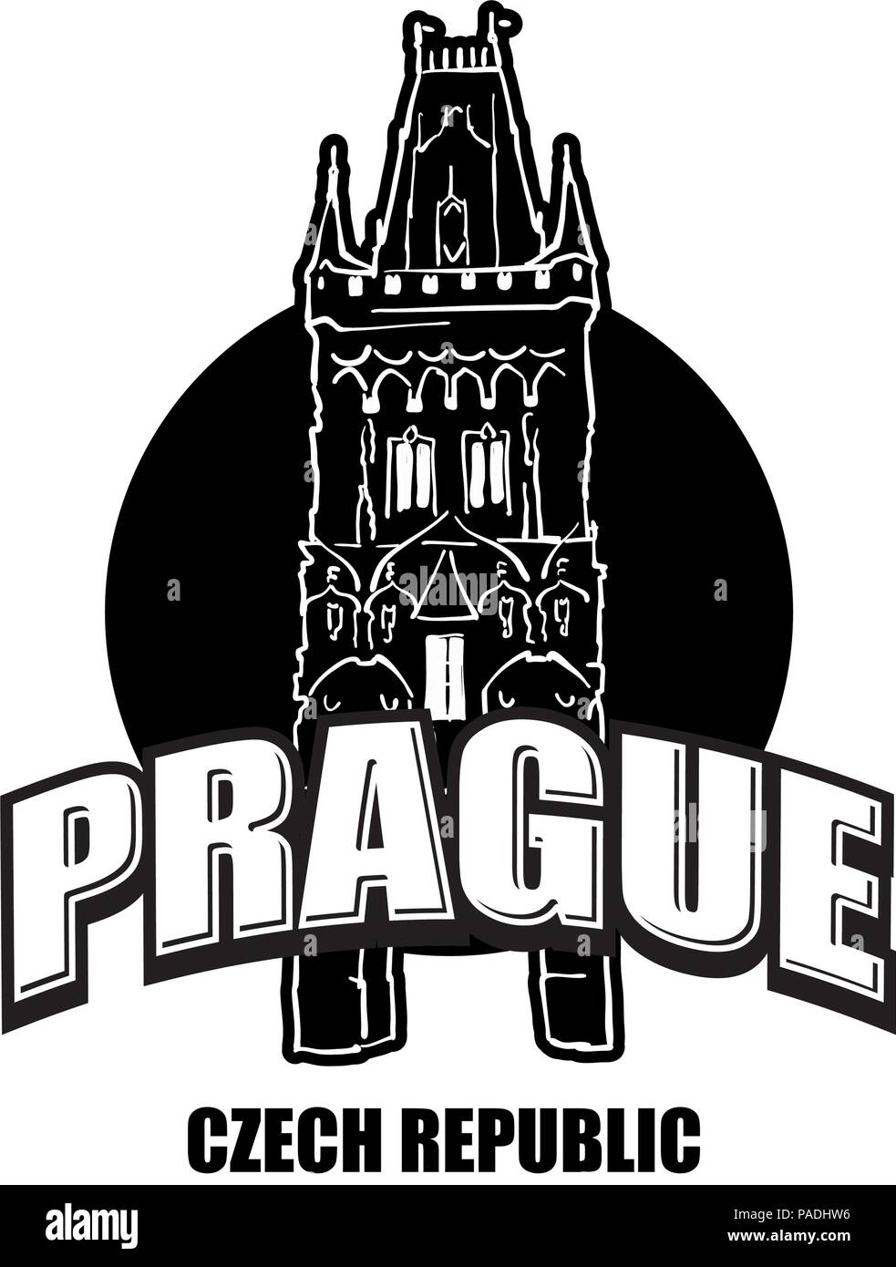 Prag, Tschechische Republik, schwarz-weiss Logo für hochwertige Ausdrucke. Hand gezeichnet Vektor Skizze. Stock Vektor