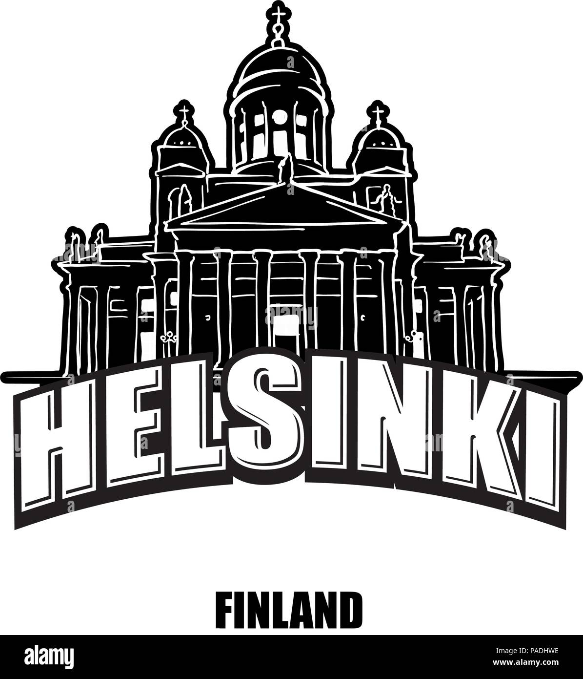 Helsinki, Finnland, schwarz-weiss Logo für hochwertige Ausdrucke. Hand gezeichnet Vektor Skizze. Stock Vektor