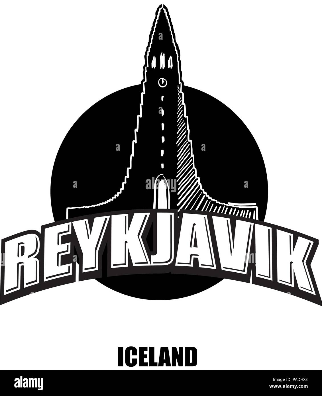 Reykjavik, Kirche, schwarz-weiss Logo für hochwertige Ausdrucke. Hand gezeichnet Vektor Skizze. Stock Vektor