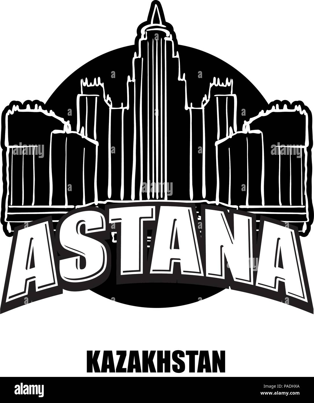 Astana, Kasachstan, schwarz-weiss Logo für hochwertige Ausdrucke. Hand gezeichnet Vektor Skizze. Stock Vektor