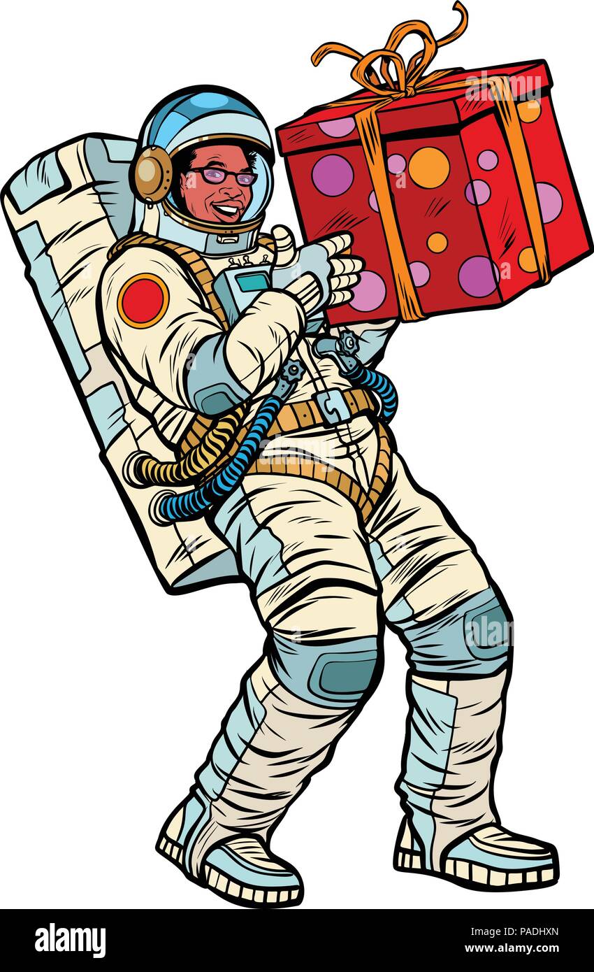 Kosmonaut mit Geschenkverpackung. Afrikanische amerikanische Volk Stock Vektor