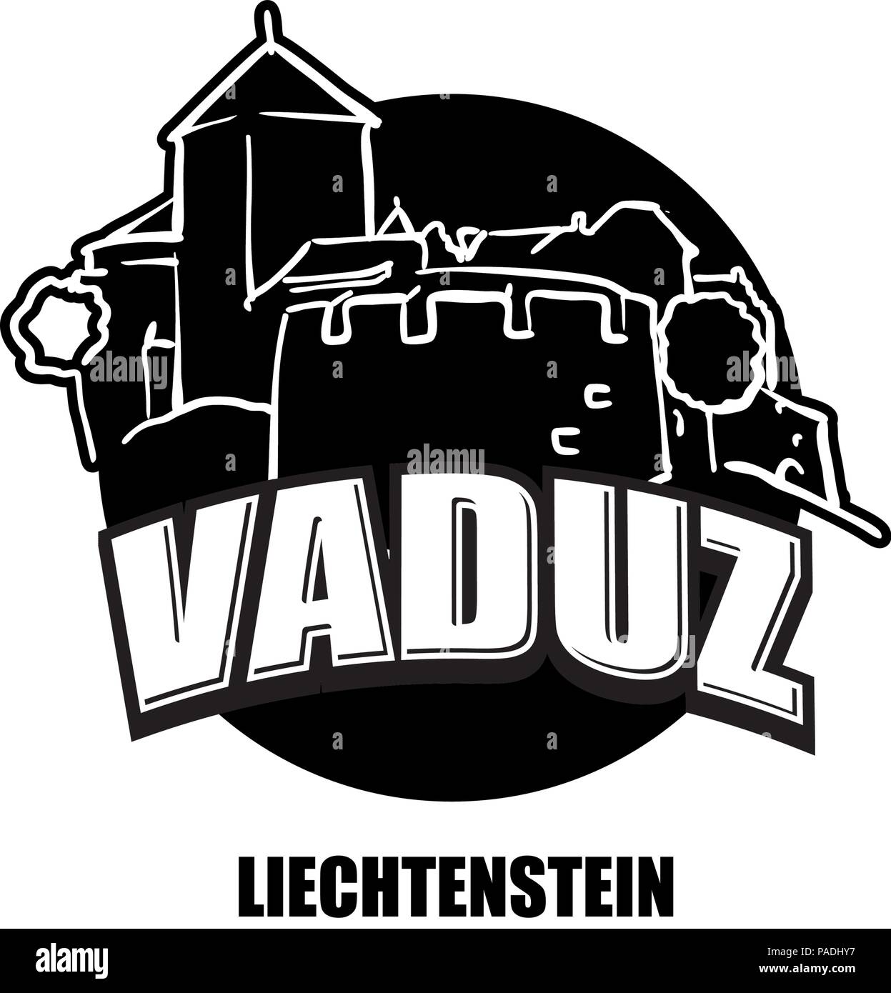 Vaduz, Liechtenstein, schwarz-weiss Logo für hochwertige Ausdrucke. Hand gezeichnet Vektor Skizze. Stock Vektor