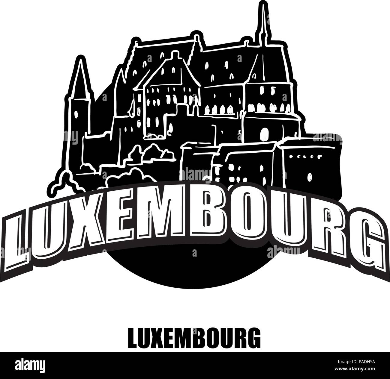 Luxemburg schwarz-weiss Logo für hochwertige Ausdrucke. Hand gezeichnet Vektor Skizze. Stock Vektor