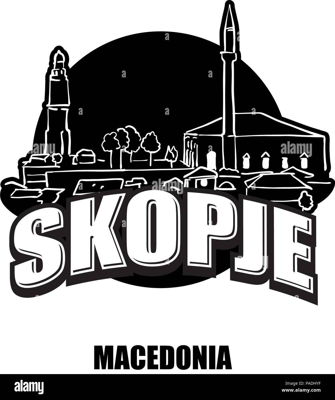 Skopje, Mazedonien, schwarz-weiss Logo für hochwertige Ausdrucke. Hand gezeichnet Vektor Skizze. Stock Vektor
