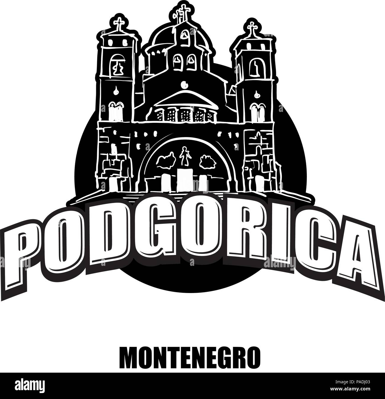Podgorica, Montenegro, schwarz-weiss Logo für hochwertige Ausdrucke. Hand gezeichnet Vektor Skizze. Stock Vektor