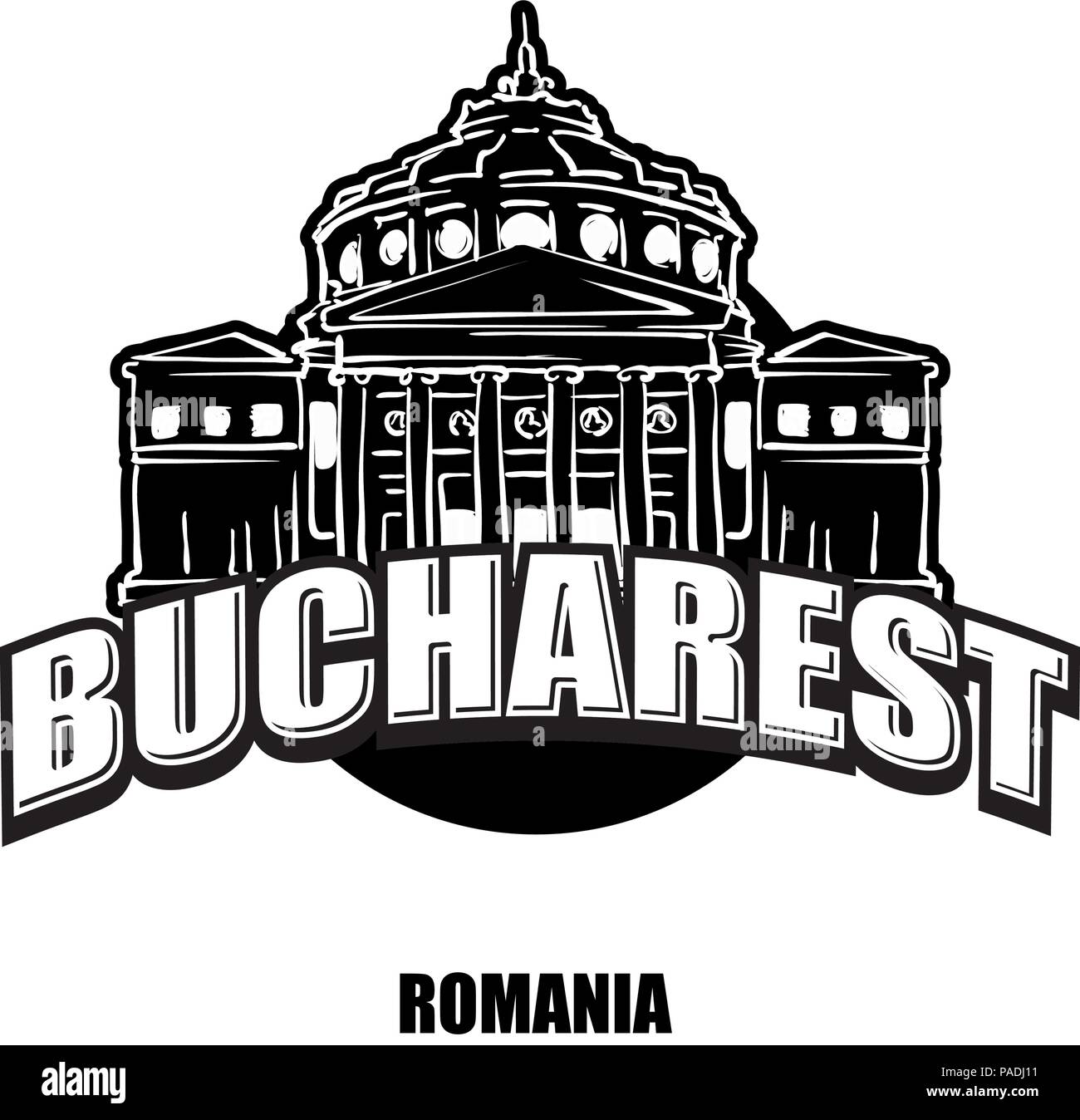 Bukarest, Rumänien, schwarz-weiss Logo für hochwertige Ausdrucke. Hand gezeichnet Vektor Skizze. Stock Vektor