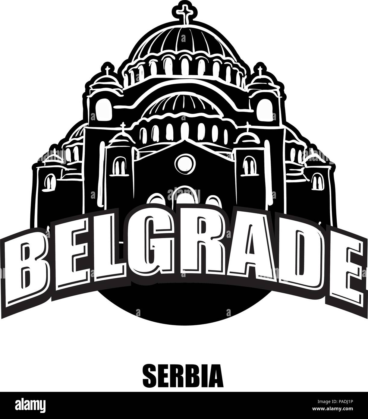 Belgrad, Serbien, schwarz-weiss Logo für hochwertige Ausdrucke. Hand gezeichnet Vektor Skizze. Stock Vektor