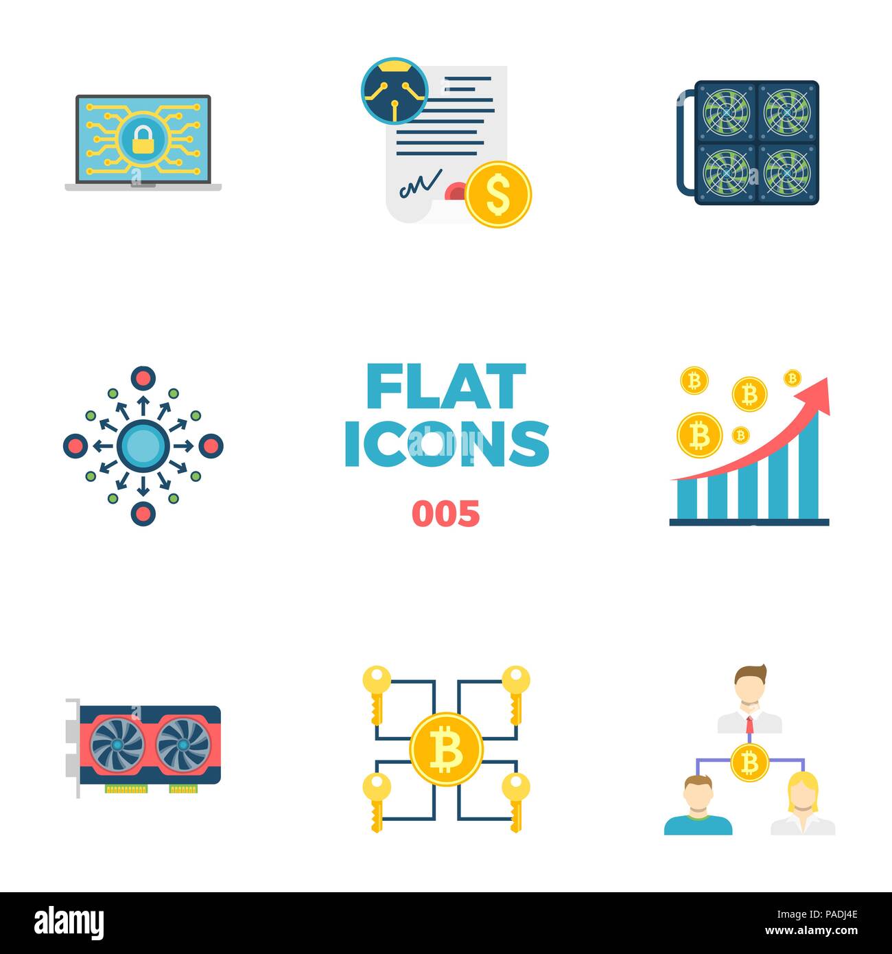 Und cryptocurrency Blockchain Flachbild Symbole. Stock Vektor