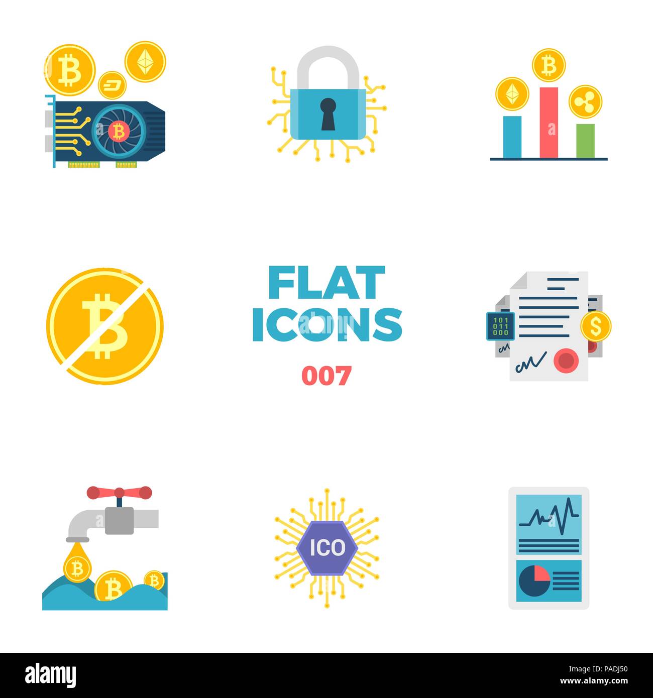 Und cryptocurrency Blockchain Flachbild Symbole. Stock Vektor