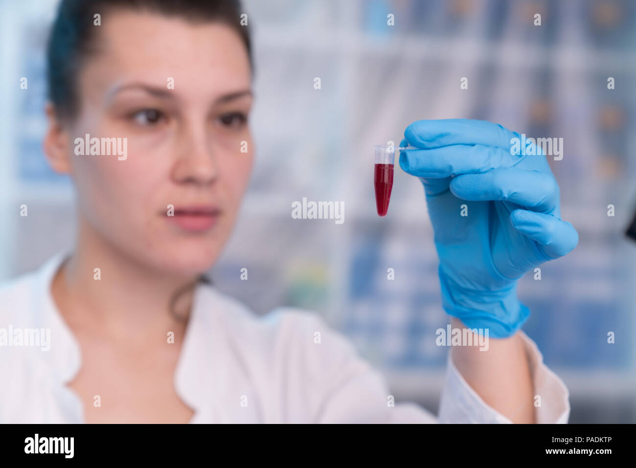 Junge Frau mit der genetischen Forschung im Labor Forschung von Krebserkrankungen Stockfoto