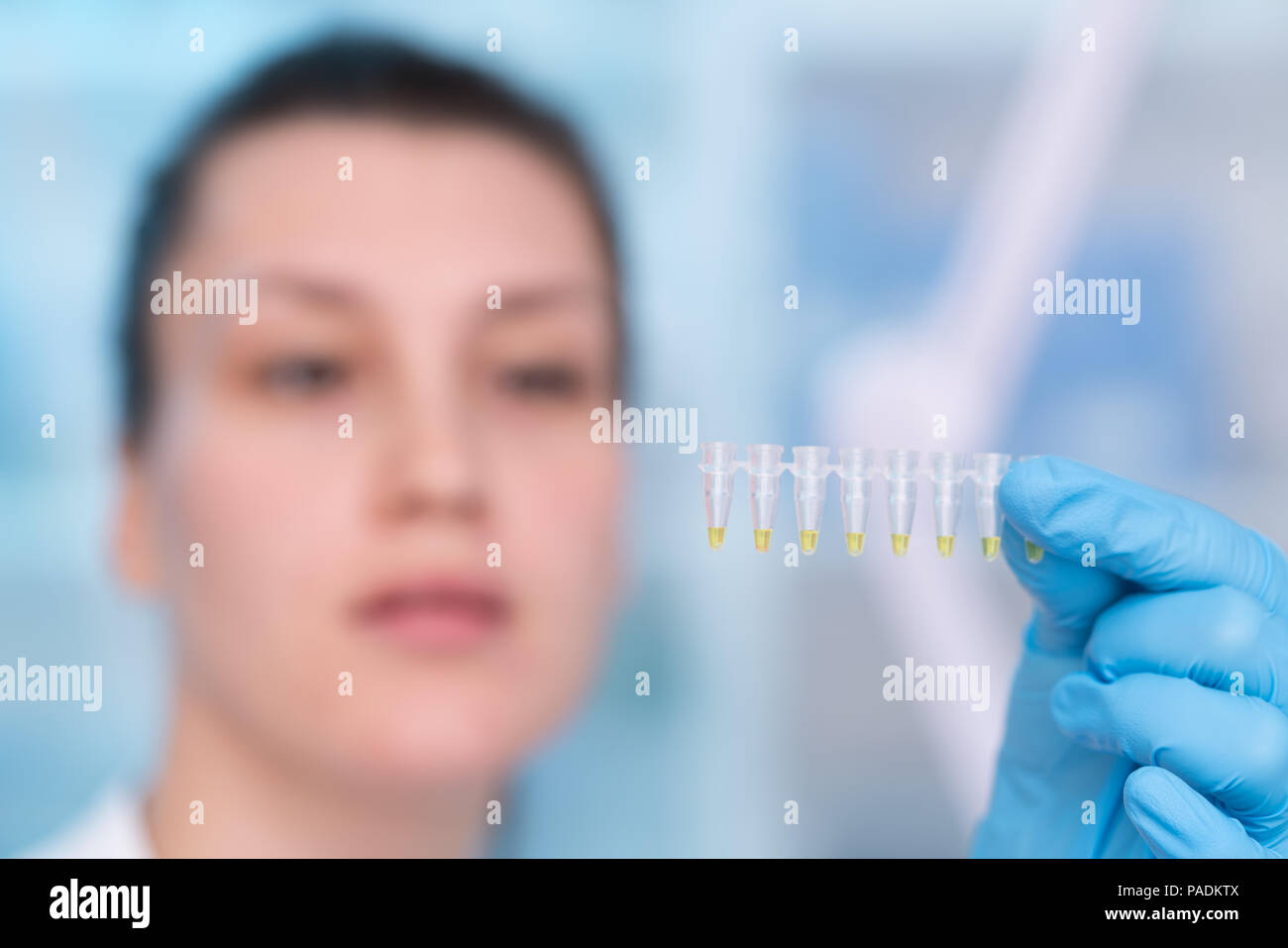 Junge Frau mit der genetischen Forschung im Labor Forschung von Krebserkrankungen Stockfoto