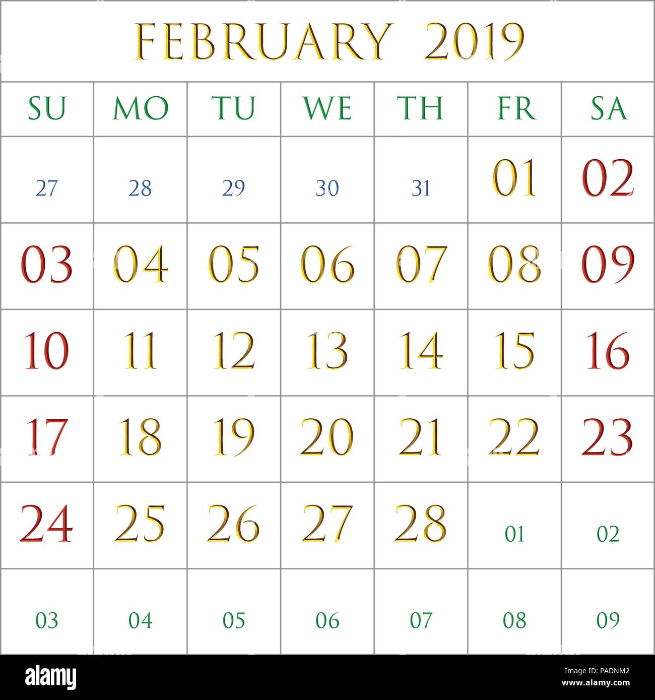 2019 Kalender für den Monat Februatry auf weißem Hintergrund Rechtecke eingefasst mit Grau Stock Vektor