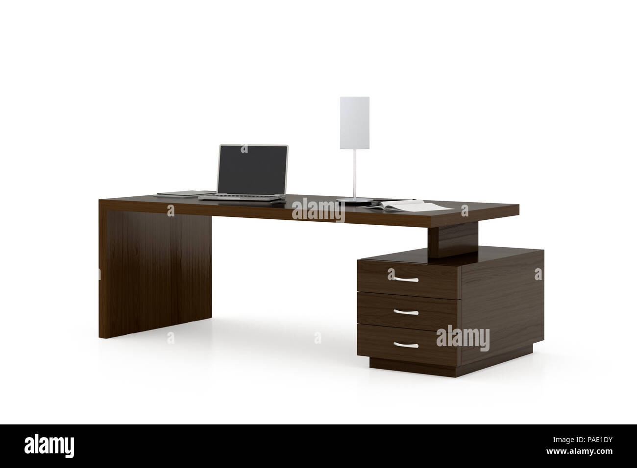 Schreibtisch aus braunem Holz, Arbeitsbereich isoliert. Stockfoto