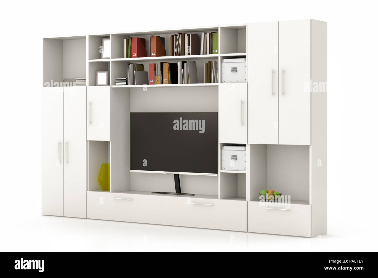 Weißer Kleiderschrank mit TV-Bildschirm, Büchern, Schachteln isoliert auf weiß Stockfoto