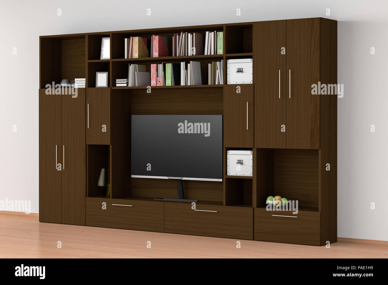 Dunkelbraun Schrank Schrank Mit Tv Bucher Kartons Im Inneren 3d