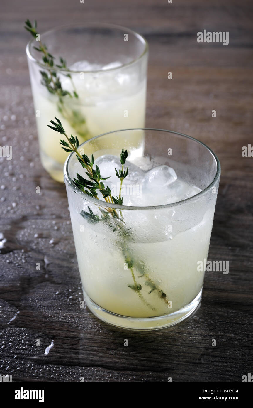 Cocktail auf der Basis von Gin, Zitronensaft oder Limettensaft und Noten von Thymian. Verwöhnen Sie sich mit einem erfrischenden Cocktail Stockfoto