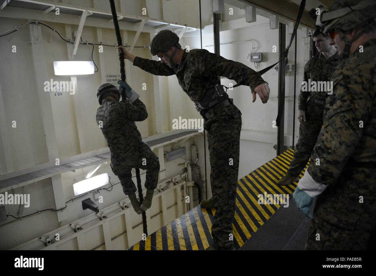 Us-Marines, die dem zugeordnet 22 Marine Expeditionary Unit eine schnelle-Seil Übung in einem Aufzug Welle an Bord des amphibious Transport dock Schiff USS Mesa Verde LPD (19) Feb.18, 2014, im Atlantischen Ozean. Das Schiff eingesetzt als Teil der Bataan Amphibious Ready Gruppe in den USA am 5. und 6 Flotte Verantwortungsbereiche. Stockfoto