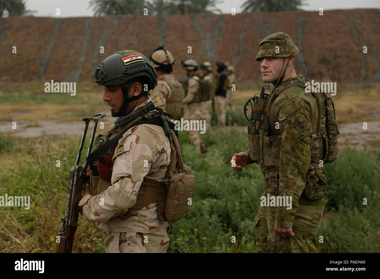 Eine australische Soldaten, zugeordnet zu den Task Group Taji, wertet irakische Soldaten mit 4 Bataillon, 23 irakische Armee Brigade, auf ihren Patrouillen Fähigkeiten für eine Bewertung der Kenntnisse im Camp Taji, Irak, 28. März 2016. Task Group Taji durchgeführt, um die Bewertung der Kenntnisse Kenntnisse der Soldaten in der Bekämpfung der Aufgaben zu messen. Durch beraten und unterstützen, und der Aufbau der Kapazitäten Missionen, die Combined Joint Task Force - Betrieb die Lösung der multinationale Koalition hat mehr als 19,9 K geschultes Personal der Islamischen Staat im Irak und der Levante zu besiegen. (U.S. Armee Foto von Sgt. Paul Verkauf/Relea Stockfoto