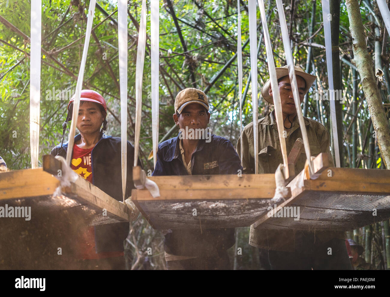 Die einheimischen Arbeiter prüfen Boden während der Suche nach bleibt während eines Recovery Mission in Dak Nong Provinz, Vietnam, 14. März 2016. Mitglieder der DPAA in die Gegend, in der Hoffnung auf die Wiederherstellung der Überreste einer Rechenschaftspflicht für US-Flieger aus dem Vietnamkrieg eingesetzt. Die Mission von DPAA ist die möglichst vollständige Buchhaltung für unsere fehlenden Personal zu ihren Familien und der Nation zu stellen. (DoD Foto von Sgt. Guzman Rodriguez, Jose H., USA/freigegeben) Stockfoto