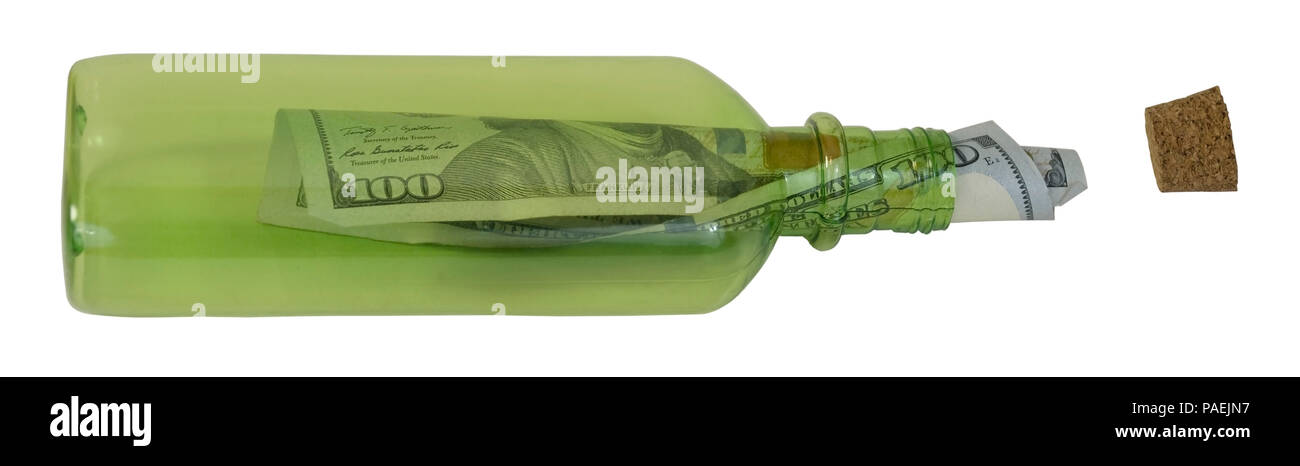 C-Note in einer Glasflasche mit Korken Stopper-Pfad enthalten Stockfoto
