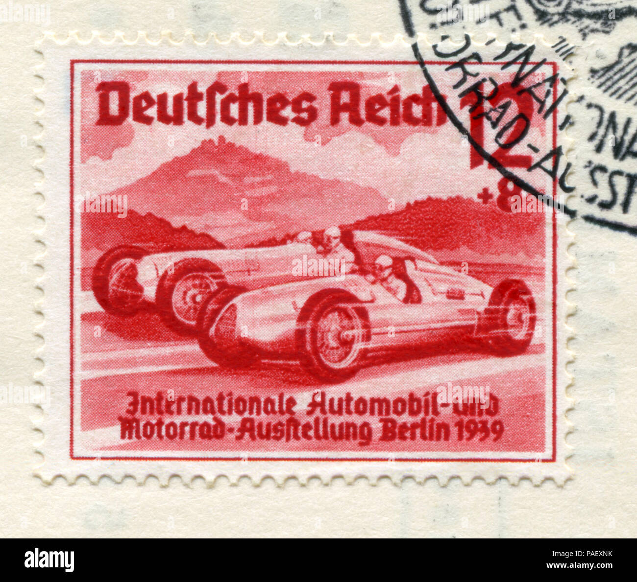 Deutsche historische Stempel: Rennwagen "Auto Union" und "Mercedes-Benz". 'International Auto und Motor Show in Berlin (IAA) 1939", Sonderstempel Stockfoto