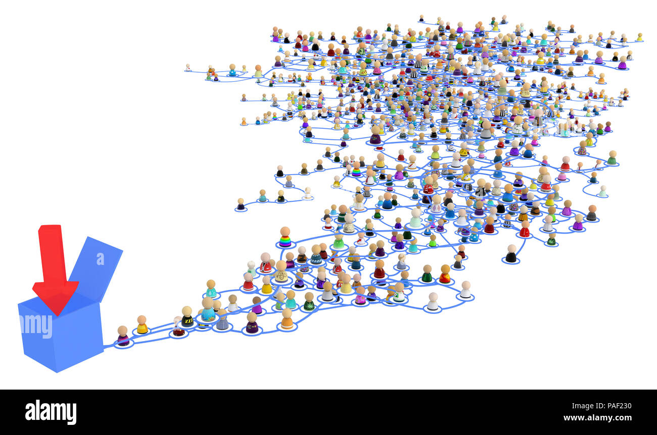 Masse von kleinen symbolischen 3D-Figuren mit Linien, komplexe 2-in-1-System Download Box ab, über Weiß, horizontal, isoliert Stockfoto