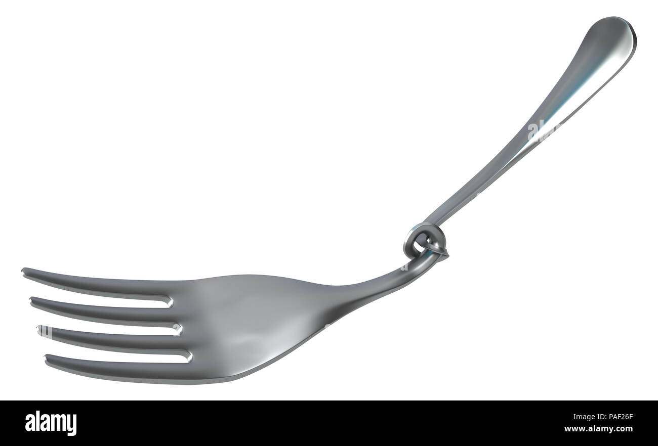 Gabel verknotet, 3D-Darstellung, horizontal, isoliert, über Weiß Stockfoto