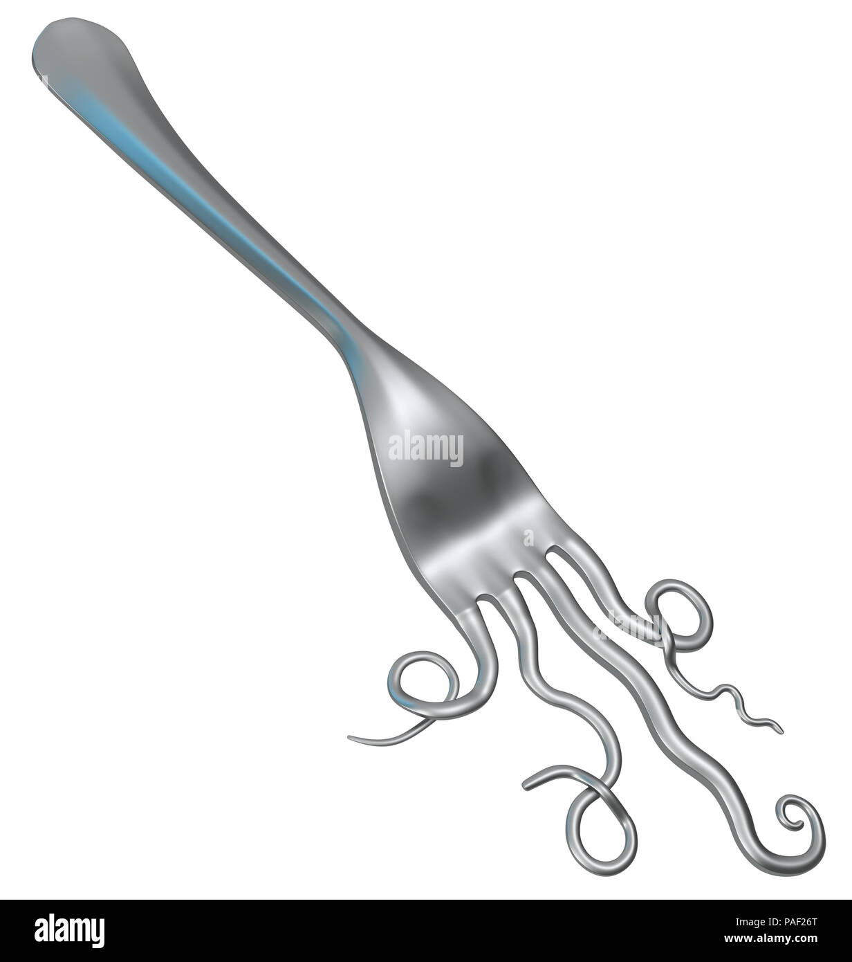 Gabel Metall Tentakeln, 3D-Darstellung, horizontal, isoliert, über Weiß Stockfoto