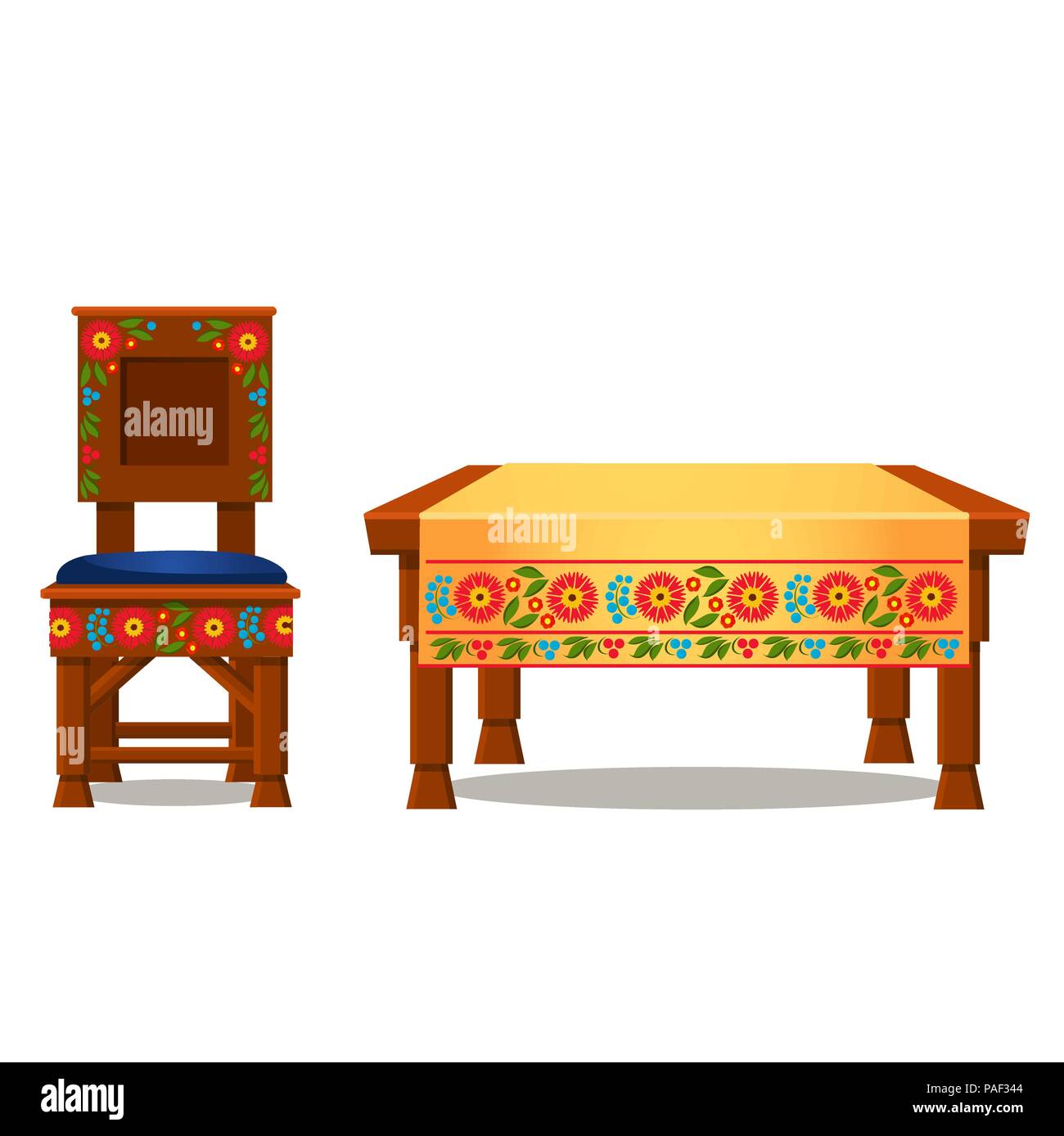 Holzstuhl mit Polsterung und einen Tisch mit Tischdecke mit traditionellen russischen Ornament auf weißem Hintergrund. Vektor cartoon Close-up Abbildung. Stock Vektor