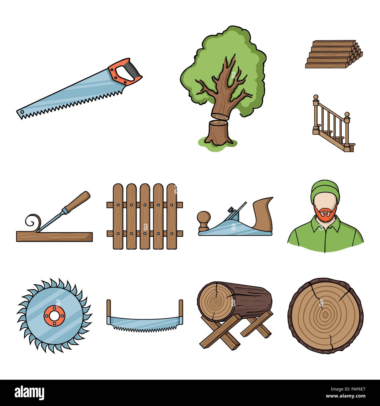 Sägewerk und Holz cartoon Symbole im Set Sammlung für Design. Hardware und Tools vektor Symbol lieferbar Abbildung. Stock Vektor