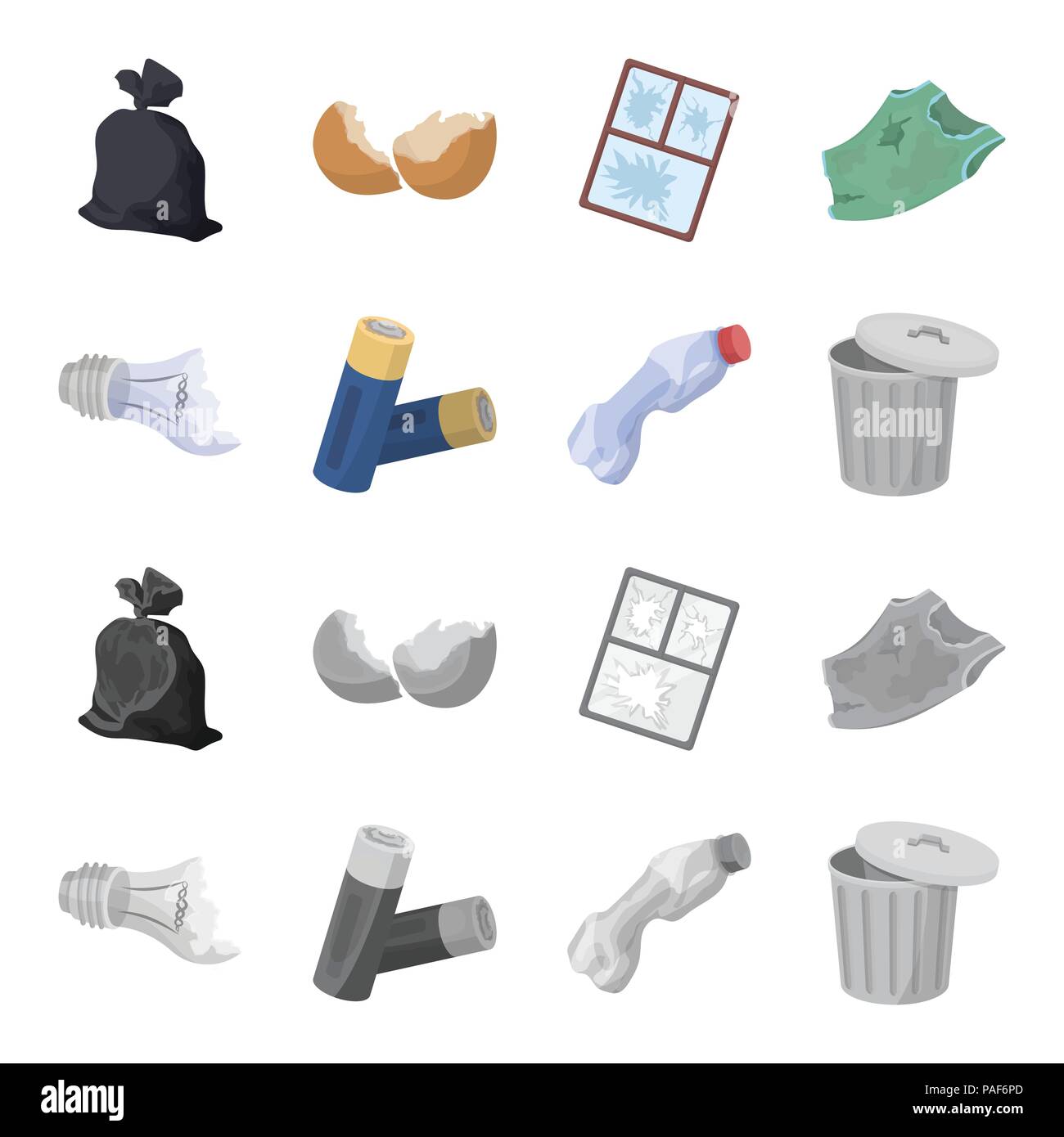 Defekte Glühbirne, Batterien verwendet und brach eine Plastikflasche, Müll kann mit Zeichen. Müll und Abfall set Sammlung Icons im Cartoon, Schwarzweiß-sty Stock Vektor