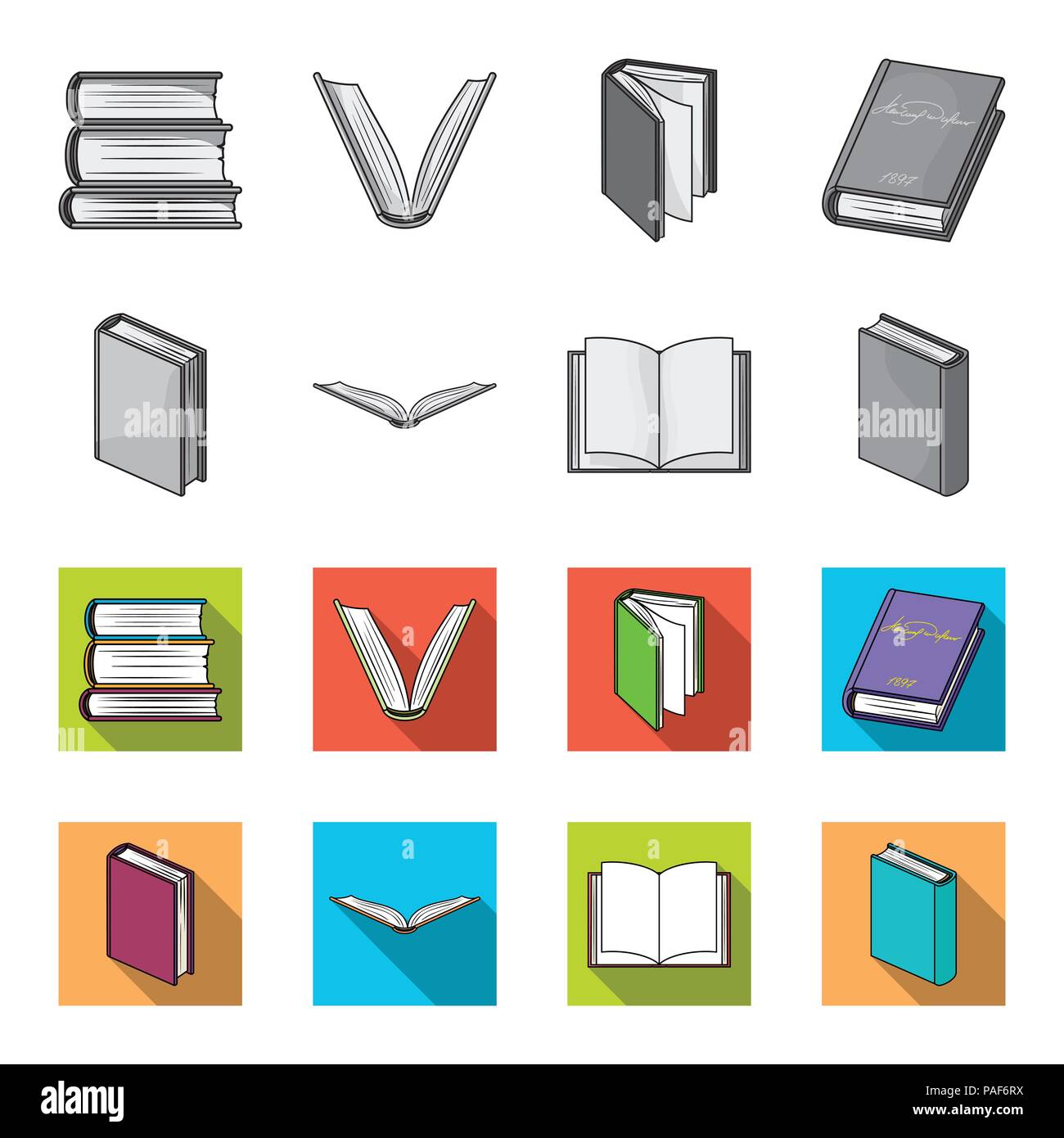 Verschiedene Arten von Büchern. Bücher Sammlung Icons in Schwarzweiß, flacher Stil vektor Symbol lieferbar Abbildung. Stock Vektor