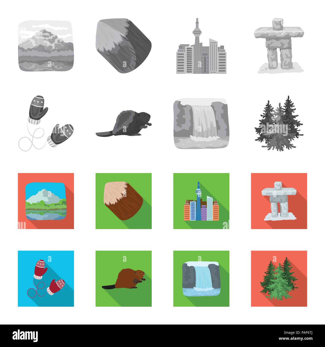 Kanadische Tanne, Biber und andere Symbole von Kanada. Kanada Sammlung Icons in Schwarzweiß, flacher Stil vektor Symbol lieferbar Abbildung. Stock Vektor