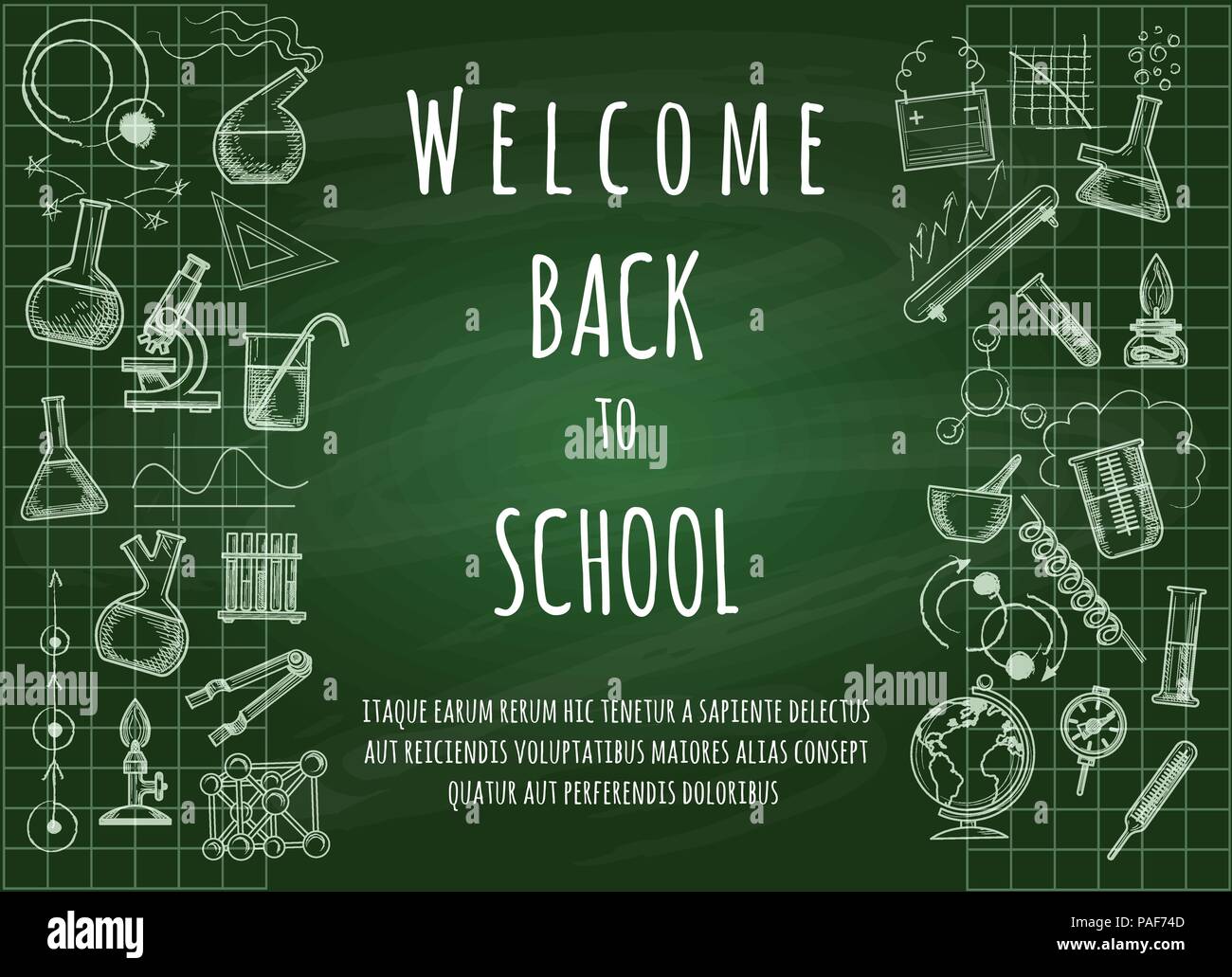 Zurück in der Schule willkommen. Grüne Kreidetafel doodle Ausbildung für Schüler und Lehrer, Vector Illustration Stock Vektor