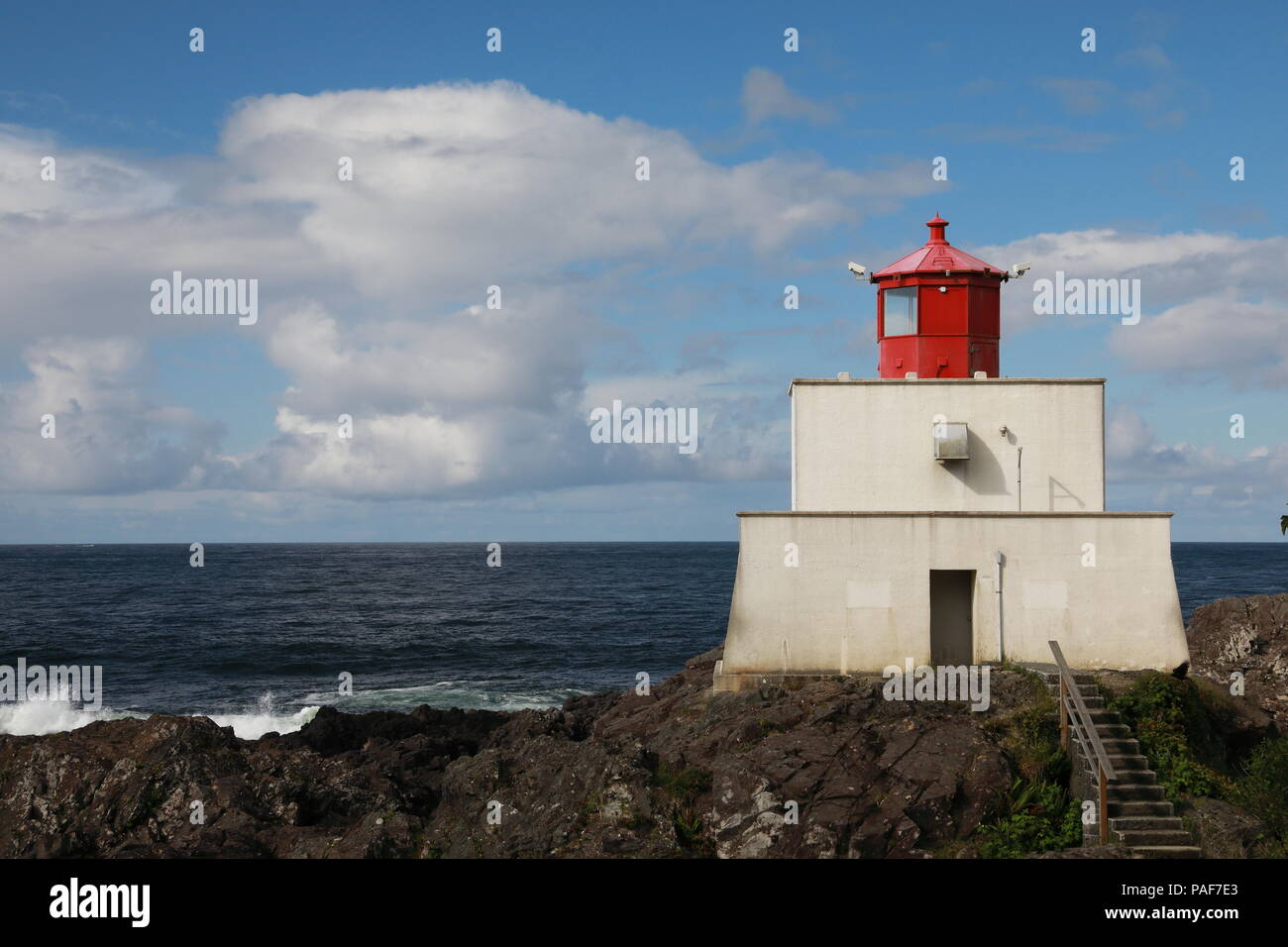 Amphitrite Point Leuchtturm in der Nähe von Uclulelet, Vancouver Island, British Columbia, Kanada Stockfoto