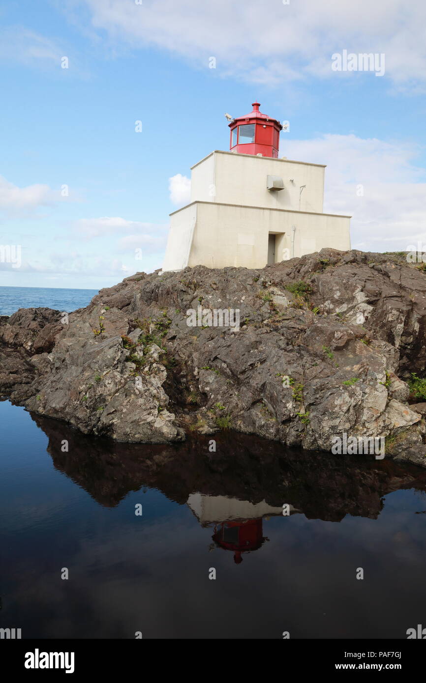 Amphitrite Point Leuchtturm in der Nähe von Uclulelet, Vancouver Island, British Columbia, Kanada Stockfoto