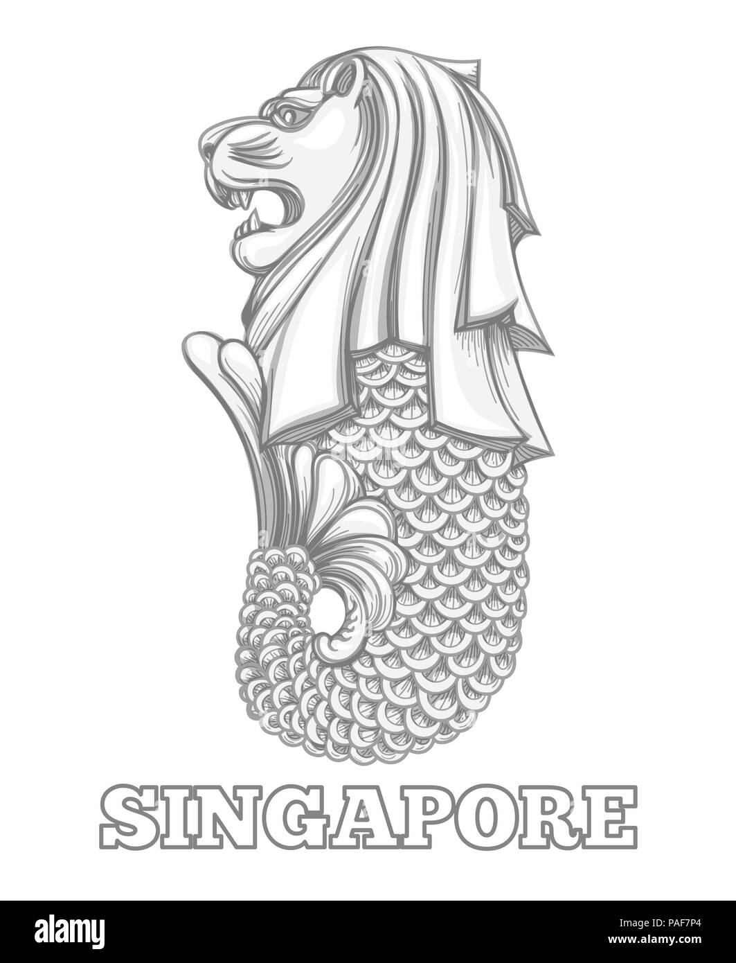 Singapur merlion Symbol. Wasser merlion Brunnen Vektor-illustration, Singapur Stadt Wahrzeichen Löwe Skizze auf weißem Hintergrund Stock Vektor