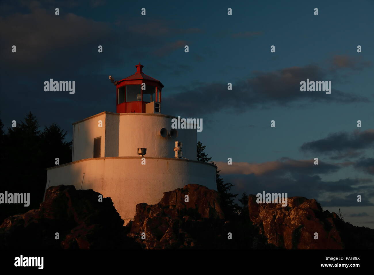 Amphitrite Point Leuchtturm in der Nähe von Uclulelet, Vancouver Island, British Columbia, Kanada Stockfoto