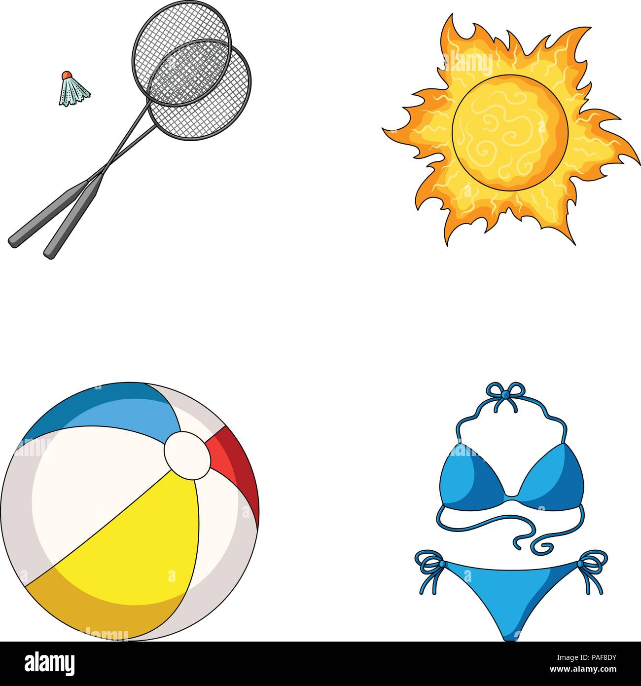 Badminton spielen, einen Ball und die Sonne. Urlaub Sommer Kollektion Symbole im Comic-stil Vektor Symbol lieferbar Abbildung. Stock Vektor