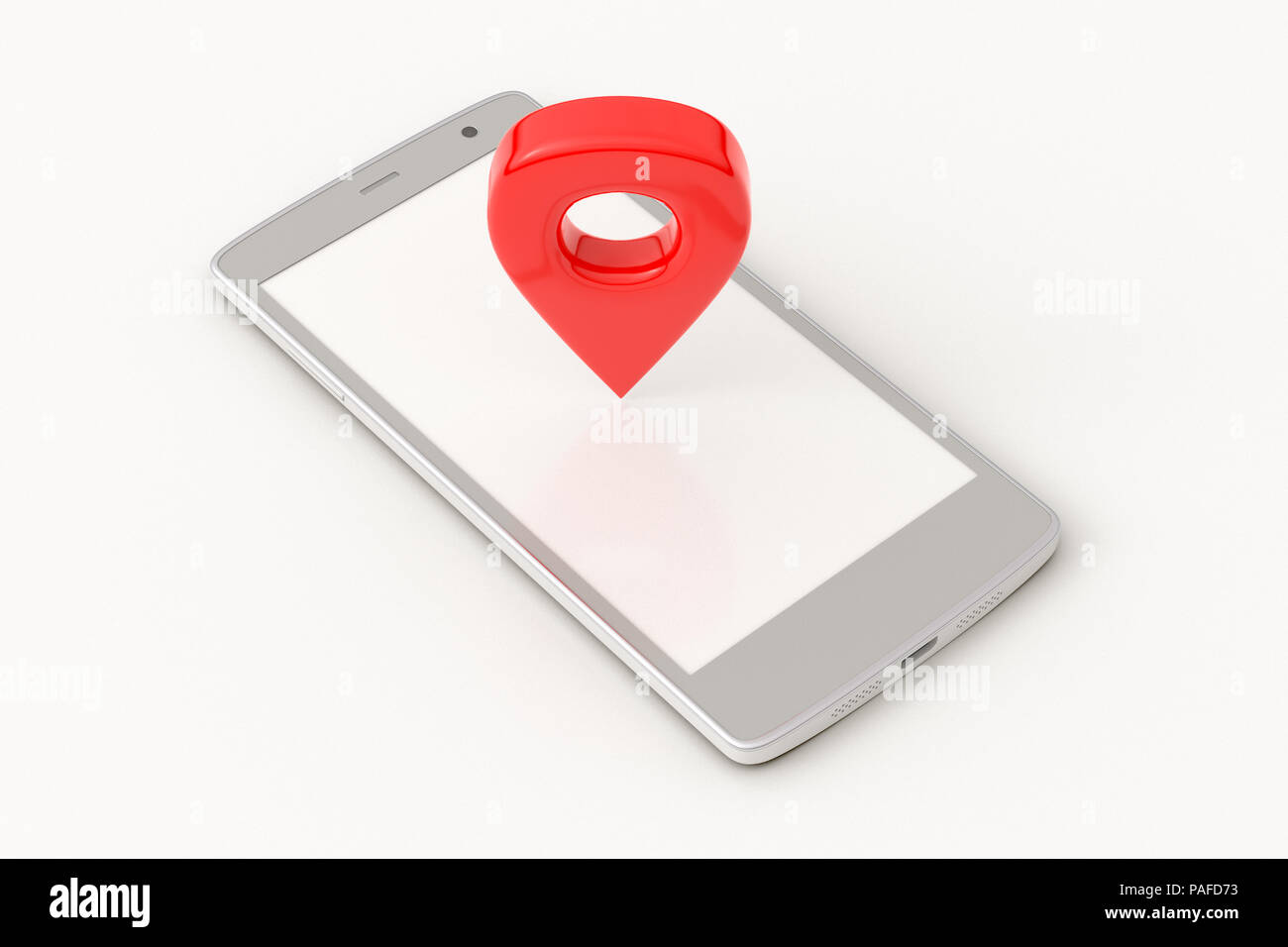 GPS-PIN-Position Navigation Geo-Tag auf dem Bildschirm des Smartphones auf weißem Hintergrund mit Beschneidungspfad um den Bildschirm Stockfoto
