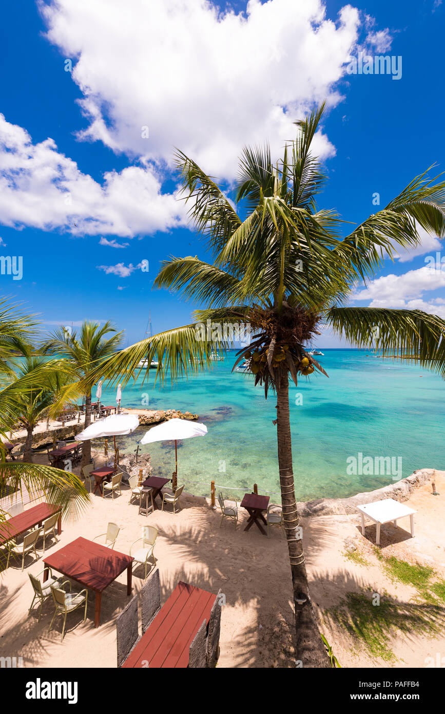 Cafe an der Küste des Karibischen Meeres, Bayahibe, La Altagracia, Dominikanische Republik. Kopieren Sie Platz für Text. Vertikale Stockfoto